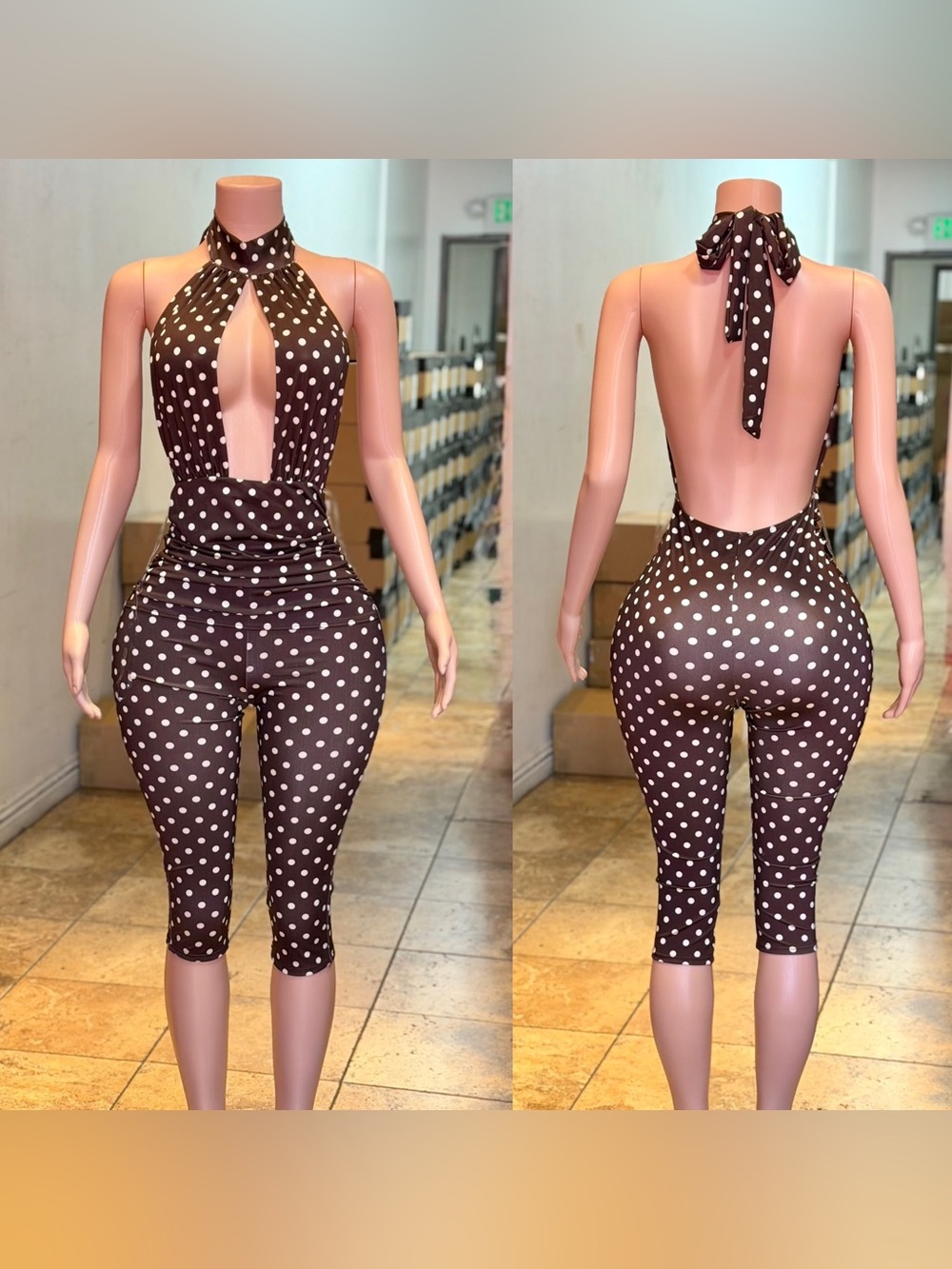 Polka Dot Halter Cutout Jumpsuit - Brown with White Dots - Picture 3 of 5